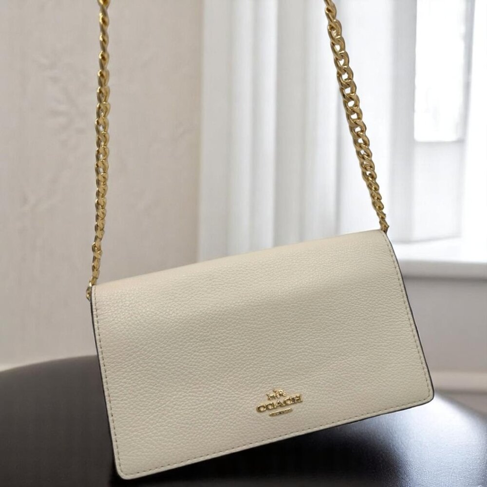 EUC Coach Anna Foldover Pebbled Leather Crossbody Clutch - Chalk